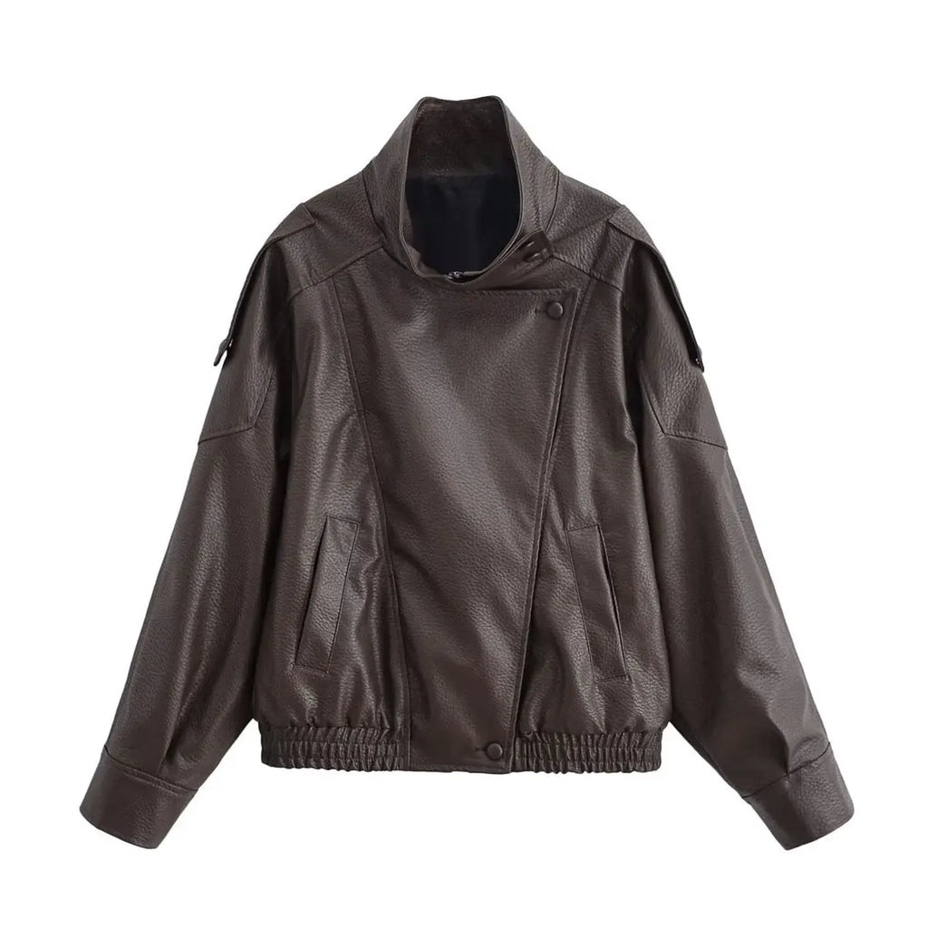 HH Autumn Faux Leather Jacket For Women Casual Solid Long Sleeve Zipper Pu Leather Coats New Fashion Female Streetwear - Matrix Studios
