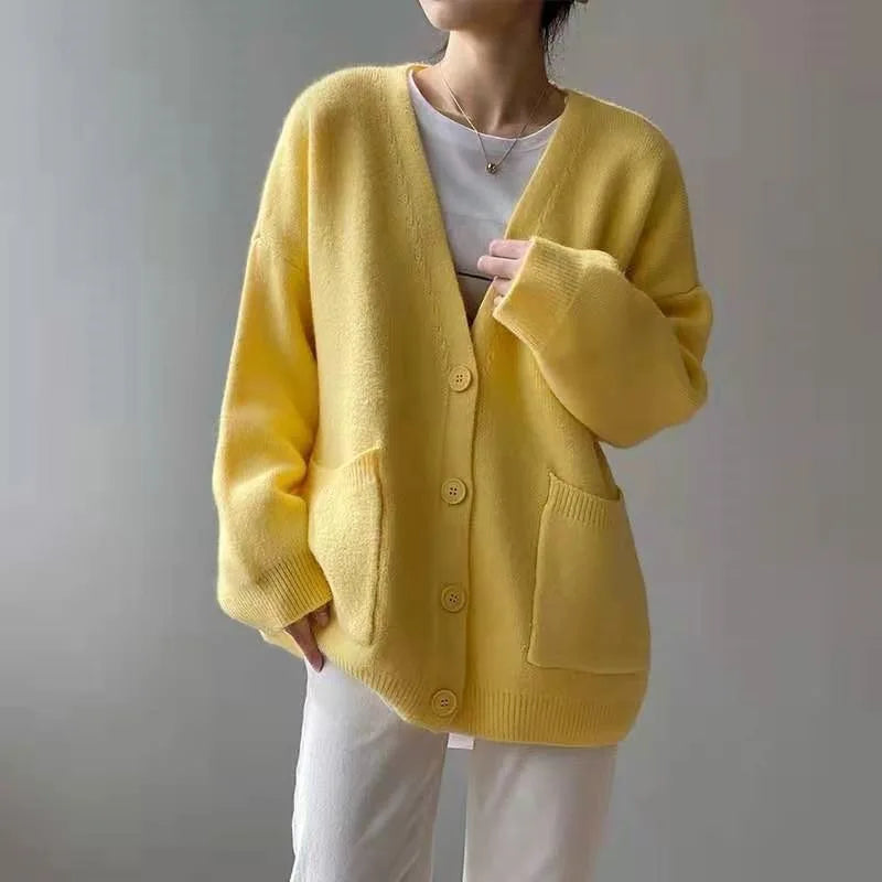2024 Chic Yellow Sweater Cardigan Women Lazy Wind Single-Breasted Knitted Cardigan Women Solid V Neck Cardigans Female - Matrix Studios