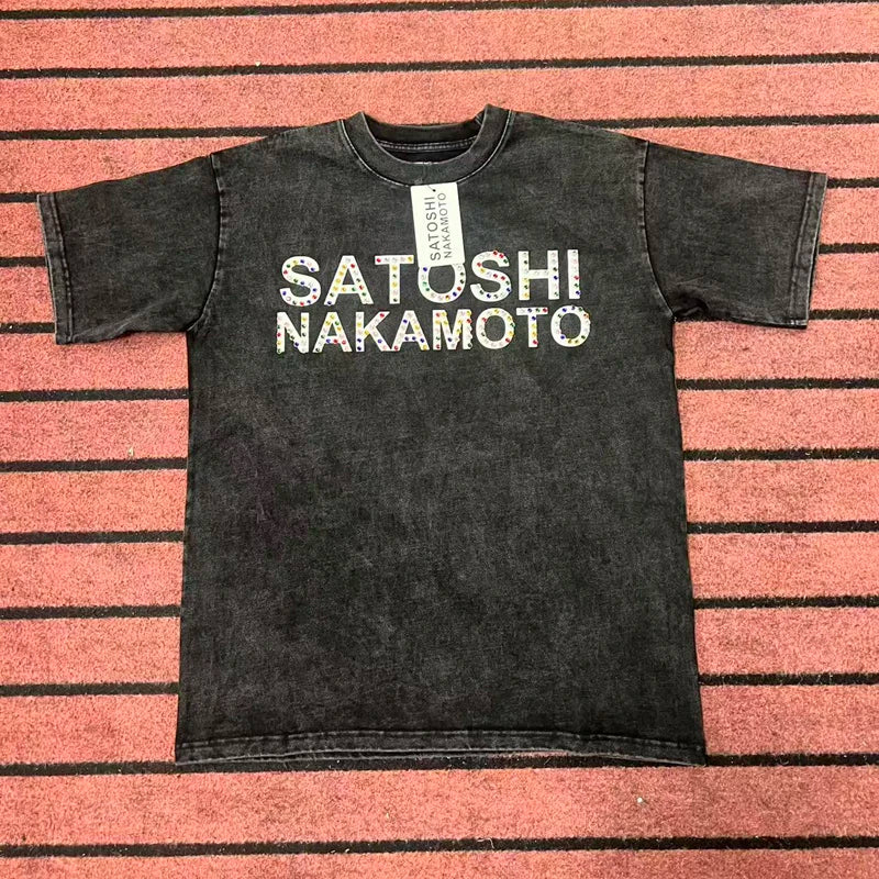 Real Photo SATOSHI Tshirts Vintage Distressed Faded Letter Print Rivets Breathable Cotton Round Neck Short Sleeve Men Women Tops - Matrix-studios.com