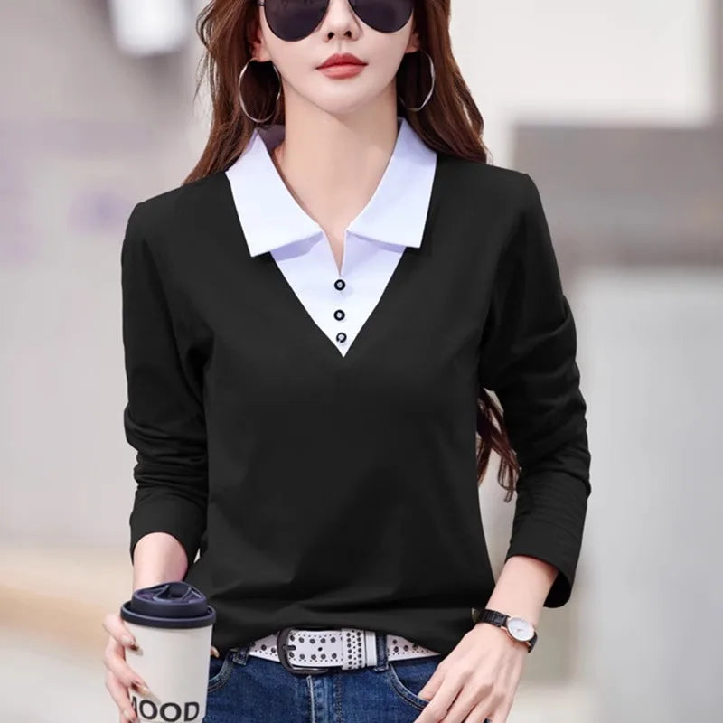 European Station Long sleeved T-shirt Women's Spring/Summer New High end Fashion Contrast Color Polo Neck Slim Fit Casual Top - Matrix-studios.com