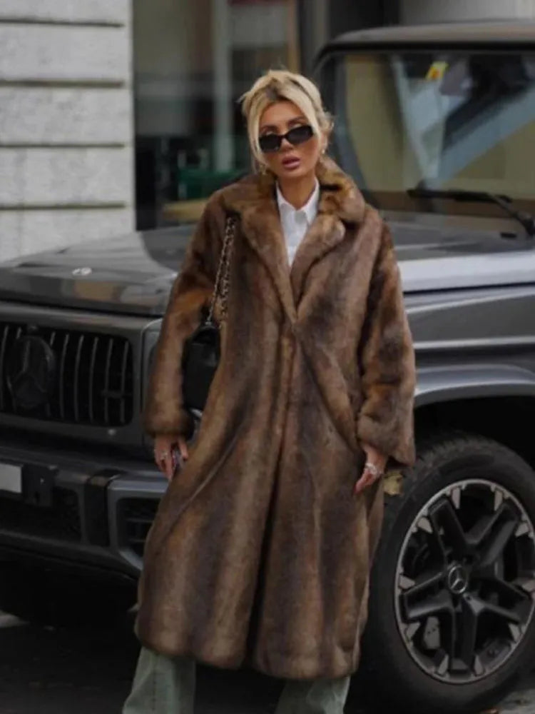 Woman Mixed Color Long Faux Fur Coat Fashion Lapel Collar Full Sleeve Loose Overcoat 2025 Winter Lady Warm High Street Outwear - Matrix Studios