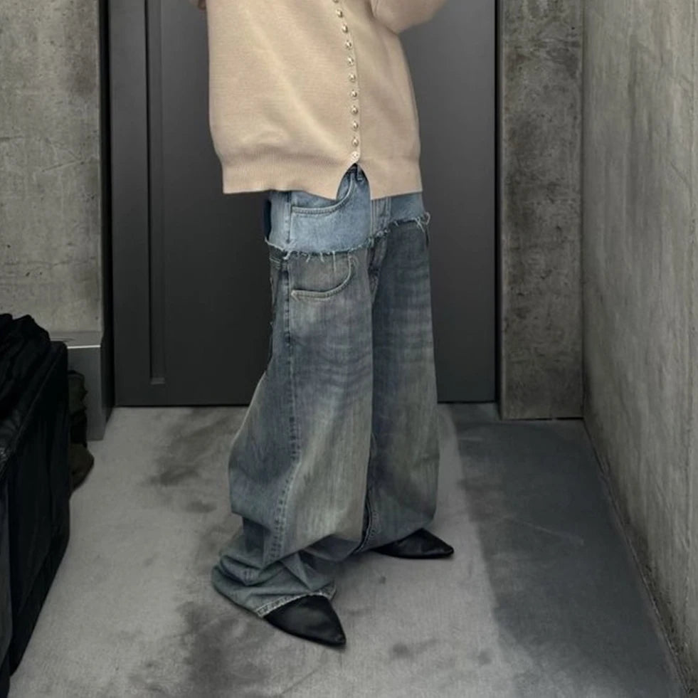 CUT-UP Double-layer Double Waist Patchwork Baggy Jeans for Men and Women Straight Casual Loose Denim Trousers Oversized - Matrix Studios