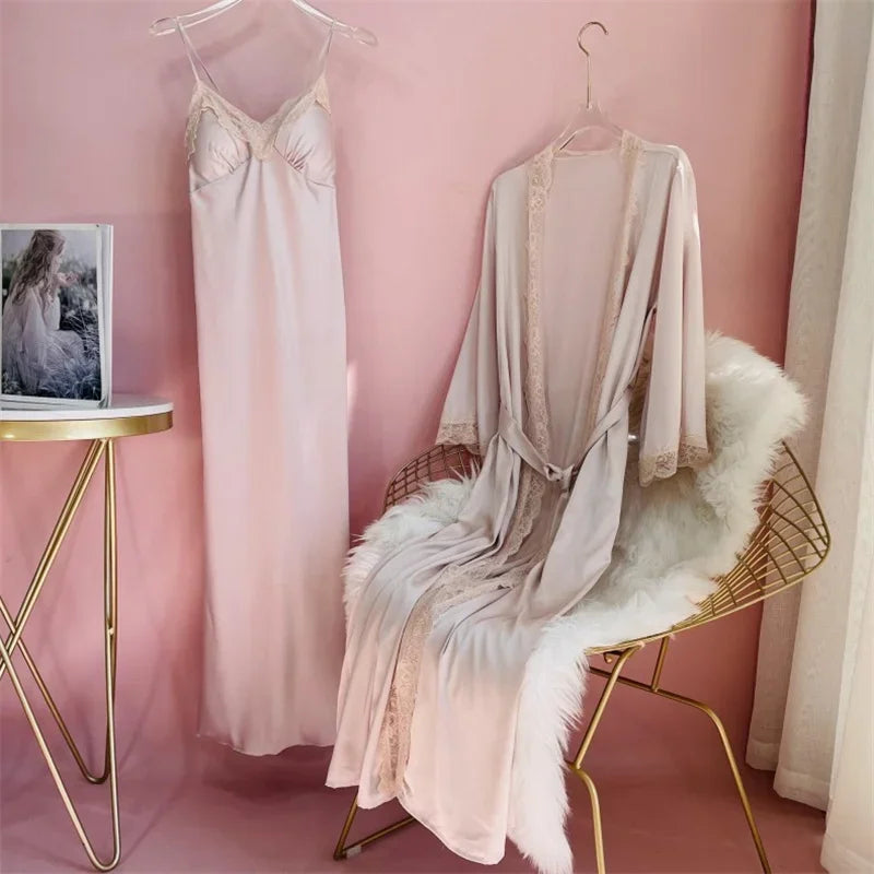 New Female Long Robe Nightgown Set Sexy Lace Trim Sleepwear Suspender Nightdress Spring Summer Casual Satin Home Dress Bathrobe - Matrix-studios.com