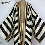 WINYI Kimono Africa Summer Boho Stripe Print Beach Swimwear Elegant Cardigan Sexy Holiday Maxi Beach Wear Swimsuit Evening Dress - Matrix Studios