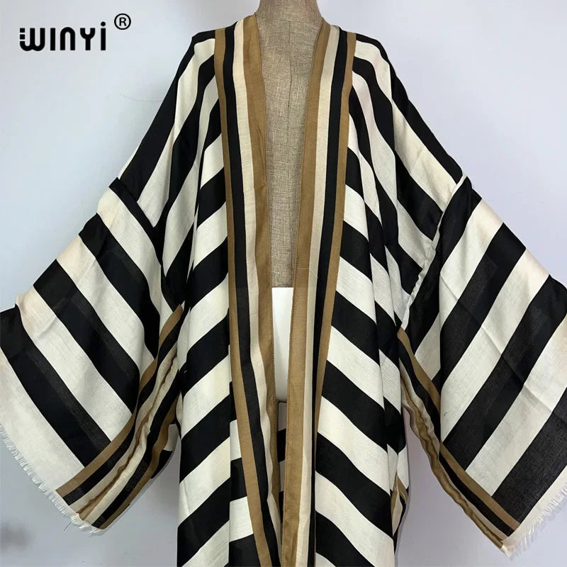 WINYI Kimono Africa Summer Boho Stripe Print Beach Swimwear Elegant Cardigan Sexy Holiday Maxi Beach Wear Swimsuit Evening Dress - Matrix Studios