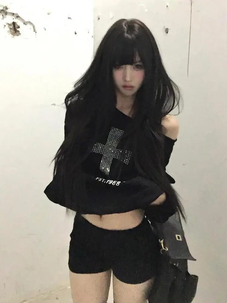 Seeslim Cross One-shoulder Graphic Hoodies Long Sleeve Black Women's Sweatshirts Harajuku Grunge 2000s Clothes Y2k Autumn Tops - Matrix-studios.com