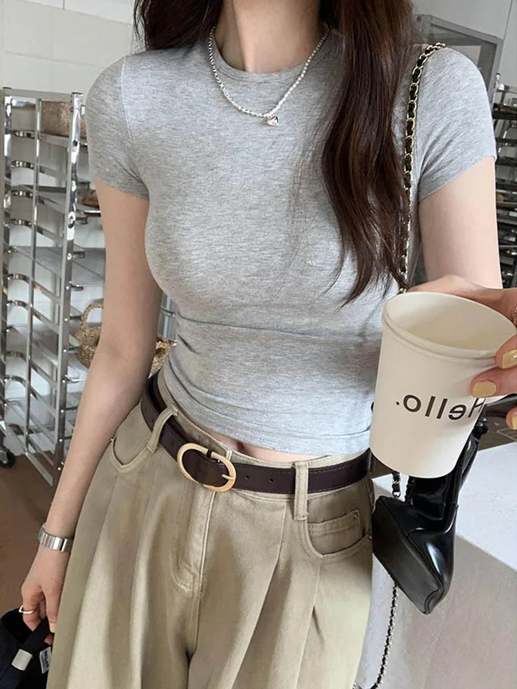 Basic Solid Crop Top Short Sleeve Crewneck Skinny T-shirt Summer Casual Tee for Women y2k Vintage Top Harajuku Streetwear - Matrix-studios.com