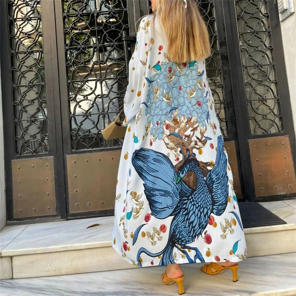 Bird Flower Print Kaftans for Woman Tunicas Femininas Beach Cover Up 2026 Summer Maxi Beach Wear Outfits Kaftan Dresses Womens - Matrix Studios