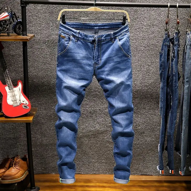 American Elastic Straight Jeans Men Ripped Worn-out Slim-fit Cotton Denim Pants Korean Style Fashion Blue Black Men's Clothing - Matrix Studios