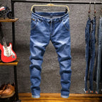 American Elastic Straight Jeans Men Ripped Worn-out Slim-fit Cotton Denim Pants Korean Style Fashion Blue Black Men's Clothing - Matrix Studios