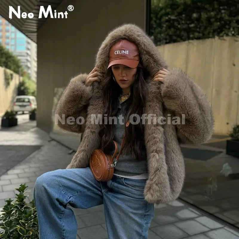 Neo Mint Exclusive Women Winter Hooded Faux Fur Coat Chic Street Fashion Girls Fluffy Fox Fur Jacket Thick Warm Shaggy Overcoat - Matrix Studios