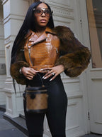 Patchwork Fur Leather Short Jacket Woman Lapel Zipper Belt Long Sleeve Straight Street Coat Casual Versatile Women's New Jackets - Matrix Studios