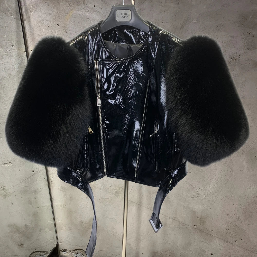 Leather Fur Jacket Natural Fur Sleeve Ladies Short Leather Jacket Real Fox Fur Sleeve Coat Women Autumn 21001-1 - Matrix Studios