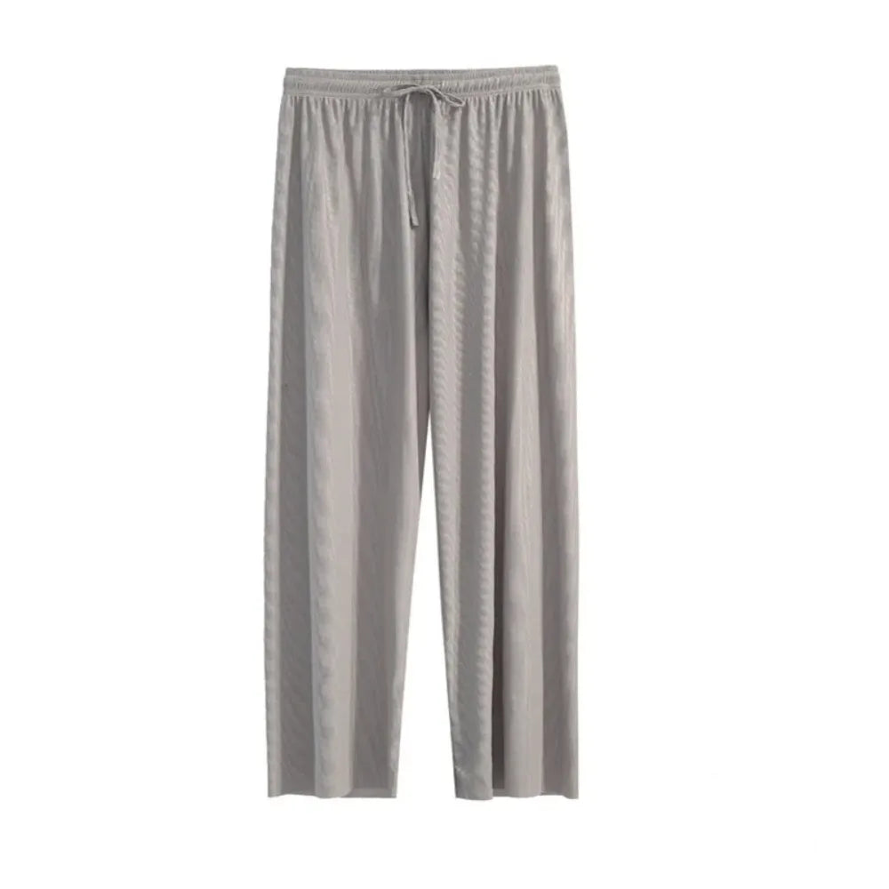 2026 Women Ankle-Length Wide Leg Pants Casual Summer Solid Elastic Waist Loose Ice Silk Pants Spring Summer Female Trousers - Matrix-studios.com