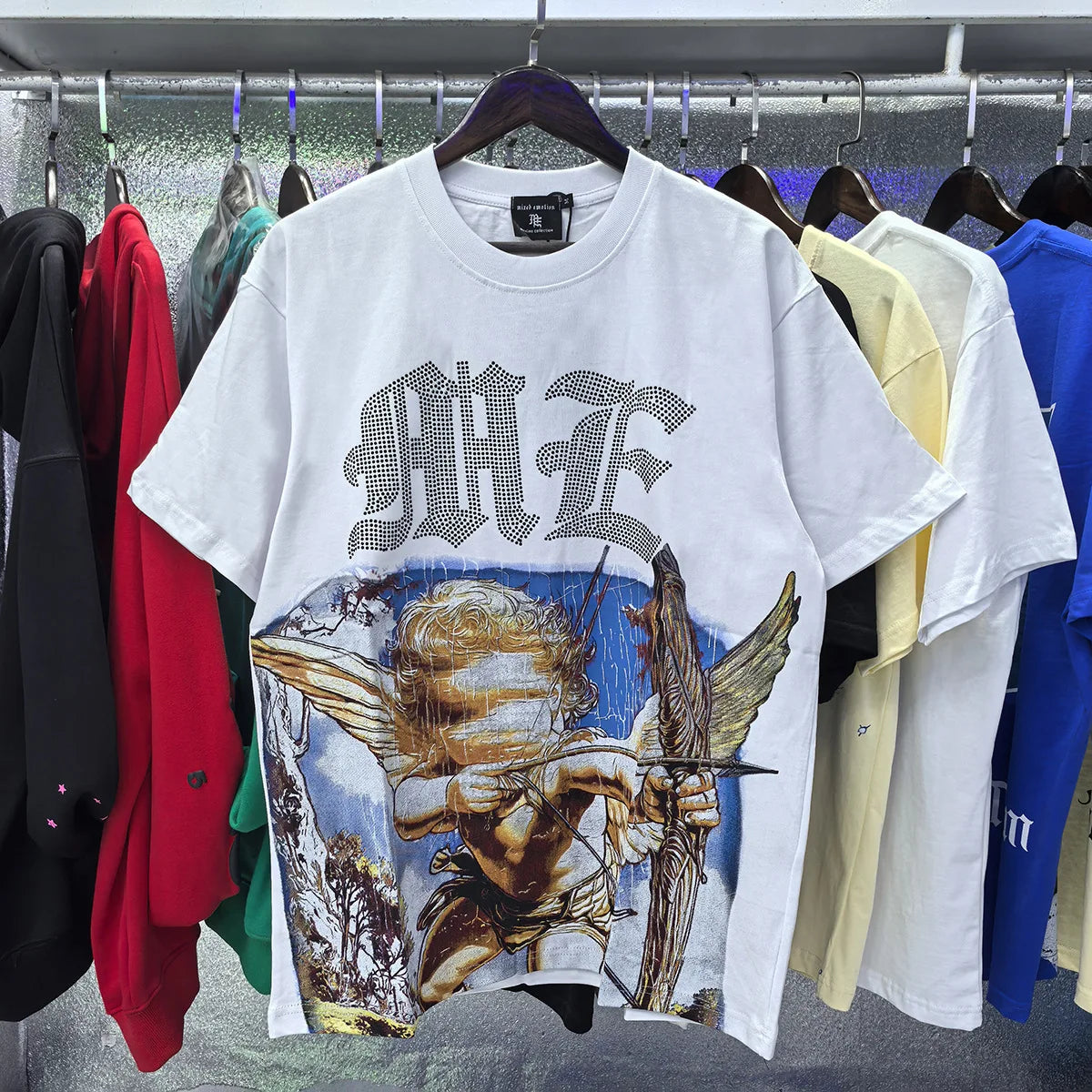 MIXED EMOTION Shirt Rhinestone Short Sleeve Men Women T-shirt Streetwear 100% Cotton Loose Round Neck Top Tees Oversized Tee Top - Matrix Studios