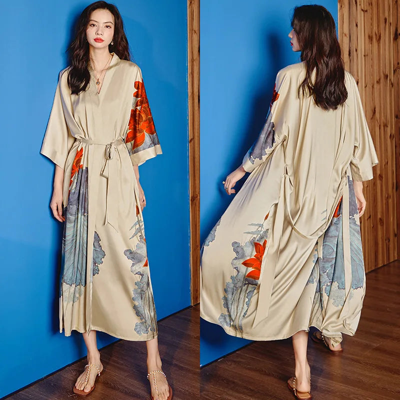 Print Flower Long Kimono Bathrobe Gown Sexy Women Half Sleeve Wedding Robe Nightgown Spring Summer Rayon Home Dress Sleepwear - Matrix-studios.com