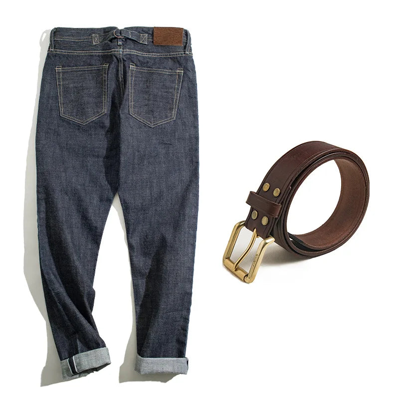 Maden Men's 14oz Raw Selvedge Denim Jeans Vintage Straight Fit Horsehide Leather Patch Paris Buckle Jeans for Autumn and Winter - Matrix Studios