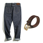 Maden Men's 14oz Raw Selvedge Denim Jeans Vintage Straight Fit Horsehide Leather Patch Paris Buckle Jeans for Autumn and Winter - Matrix Studios