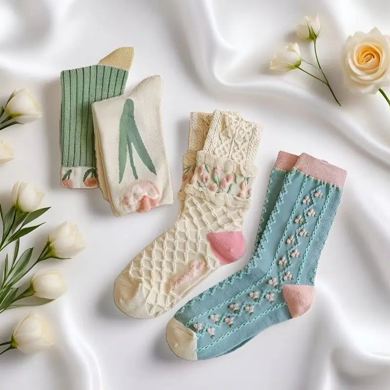 4Pairs Floral Socks Set Women Cute Flower Geometric 3D Textured Ankle Cottagecore Lucky Socks Fashionable Casual Mid Cub Socks - Matrix Studios