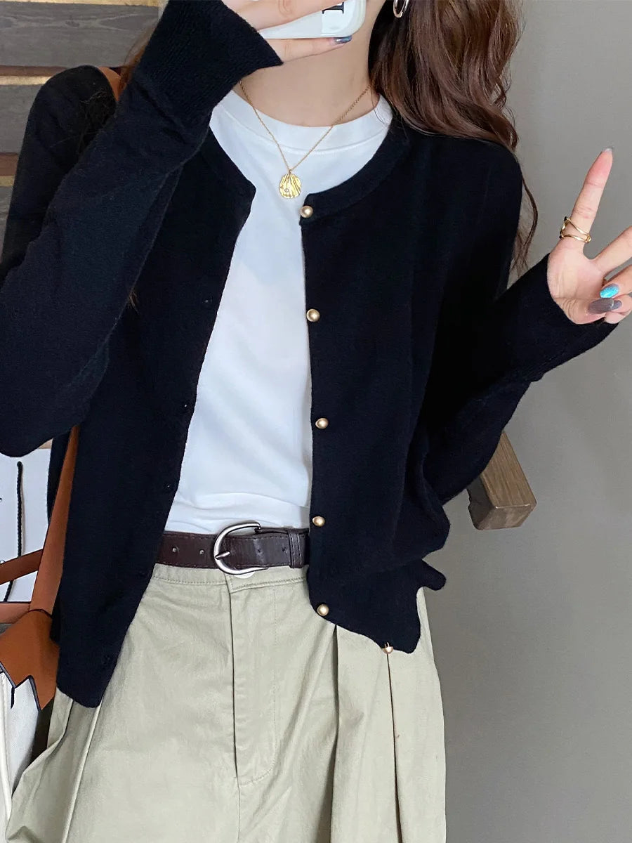 Solid Color Knitted for Women Cardigan Korean Single Breasted Long Sleeve Jumper Woman Round Neck All Match Cardigans Outwear - Matrix Studios