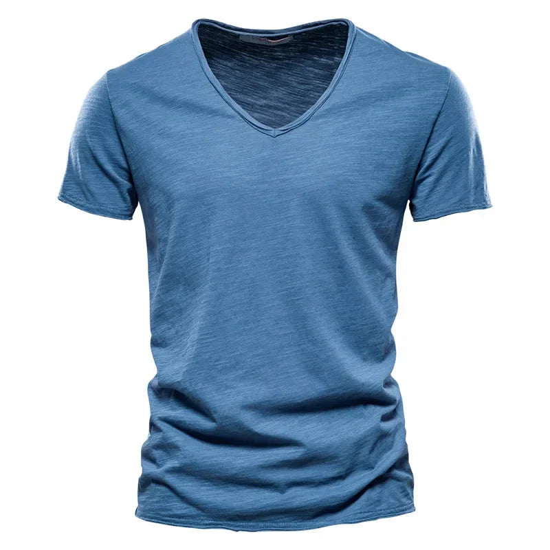 Brand Quality 100% Cotton Men T-shirt V-neck Fashion Design Slim Fit Soild Male Tops Tees Short Sleeve - Matrix Studios