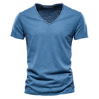 Brand Quality 100% Cotton Men T-shirt V-neck Fashion Design Slim Fit Soild Male Tops Tees Short Sleeve - Matrix Studios