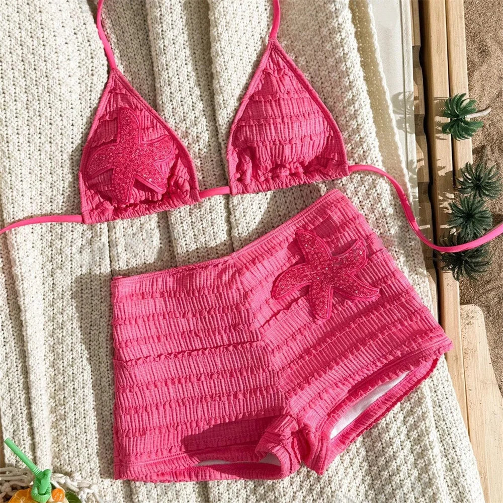 Kawaii Layered Shorts Set Bikini Sequins Star Swimsuit Women's Bikinis and Tankinis Backless Vacation Swimwears Beachwear Outfit - Matrix-studios.com