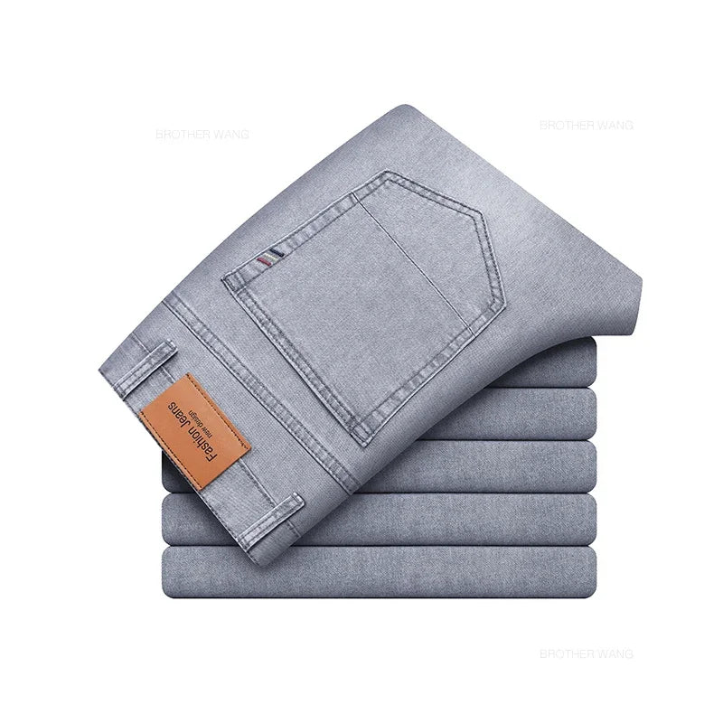Summer Thin Men's Elastic Cotton Jeans Fashion Gray Comfortable Business Straight Casual Pants Brand Male Clothes Trousers - Matrix Studios