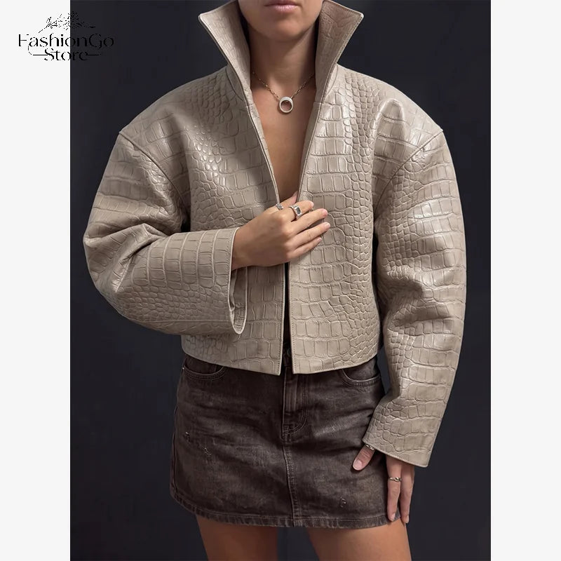 Beige Croc Leather Cropped Jacket Y2k Stand Collar Long Sleeve Wide Cuff Oversize Coat 2026 Autumn Street Daily Casual Outerwear - Matrix Studios