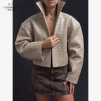 Beige Croc Leather Cropped Jacket Y2k Stand Collar Long Sleeve Wide Cuff Oversize Coat 2026 Autumn Street Daily Casual Outerwear - Matrix Studios