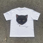 Y2k Smocking Cat Graphic Print Punk 90s Grunge Retro Rock Hip-hop Vintage Style White Crop Top Tee E-girl Sexy Emo T-shirt