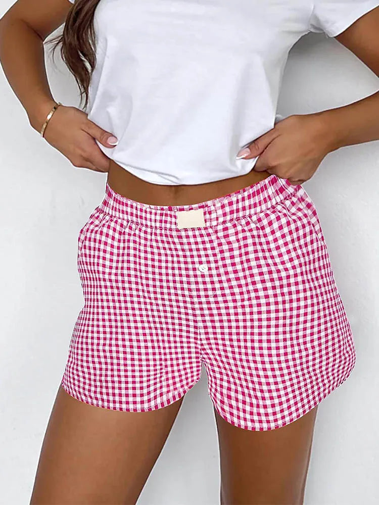 Shorts for Women Teen-girls Elastic Waistband Pull-on Red Blue Plaid Shorts Outfit Casual Lounge Summer Shorts - Matrix Studios