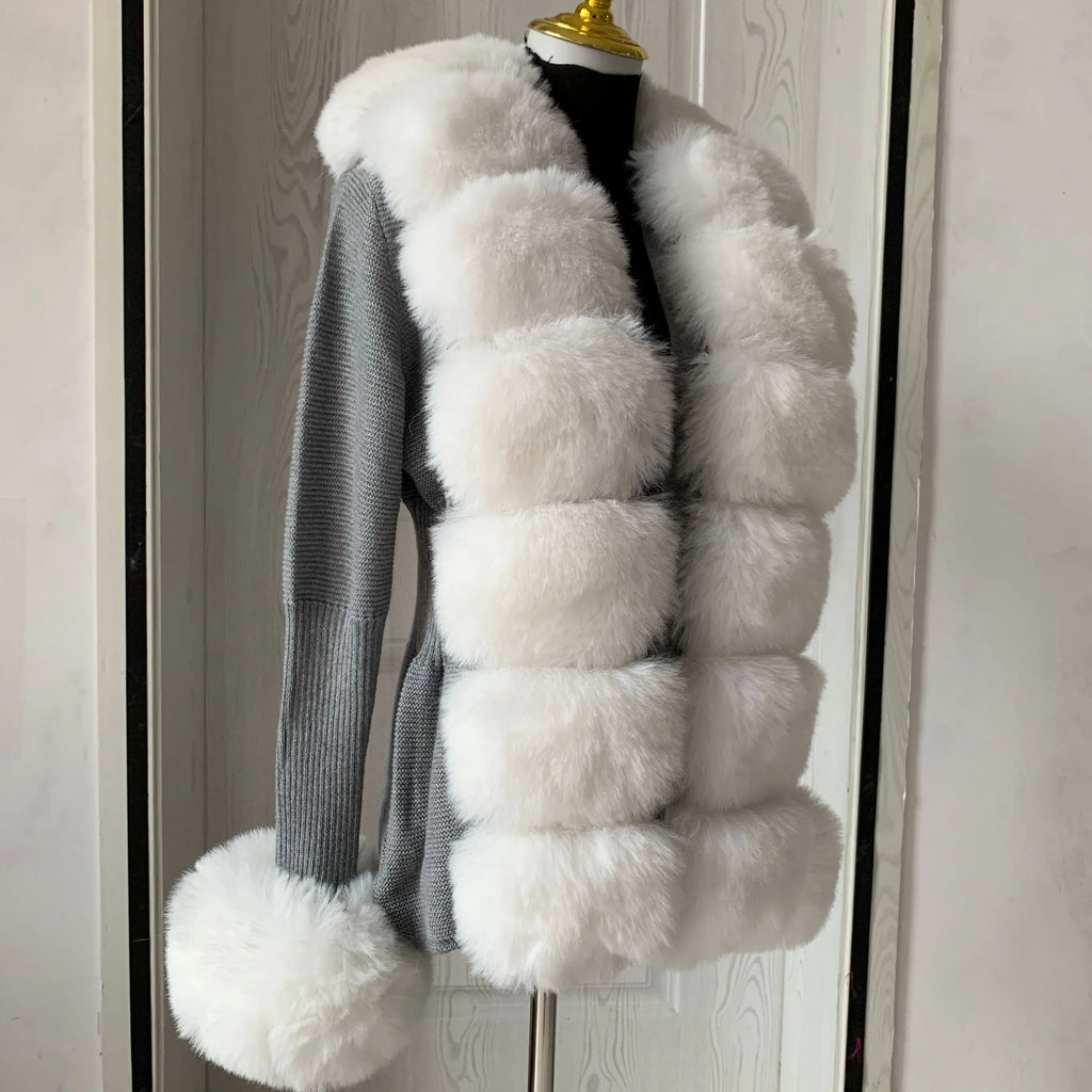 Women Knit Faux Fur Cardigan Spring Autumn Elegant Ladies Fashion Faux Fur Coat Knitted Sweater with Fake Fox Fur Collar - Matrix Studios