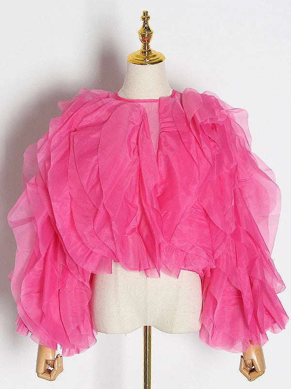 TWOTWINSTYLE Elegant Patchwork Ruffles Chiffon Blouses Women O Neck Lantern Long Sleeve Loose Shirt Female Clothing Fashion - Matrix-studios.com