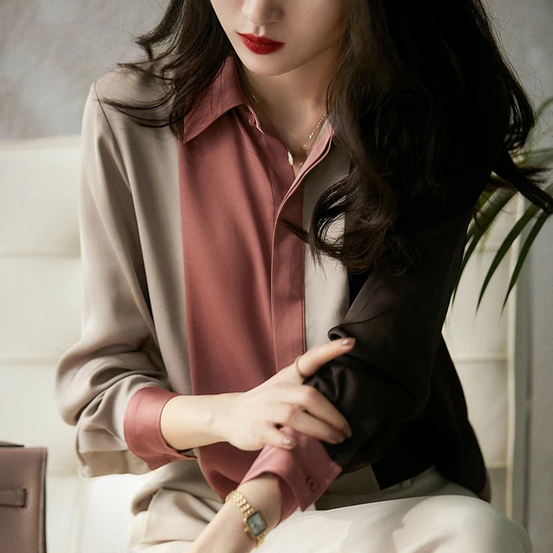 2025 Women Satin Button Blouse Autumn New Vintage Long Sleeve Polo Collar Women Shirt Elegant Loose Tops Clothing 18146 - Matrix-studios.com
