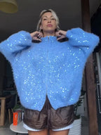 Shiny Sequin Stand Collar Women's Cardigans Double Zippers Full Sleeve Loose Sweater Cardigan 2026 Autumn Winter Casual Knitwear - Matrix Studios