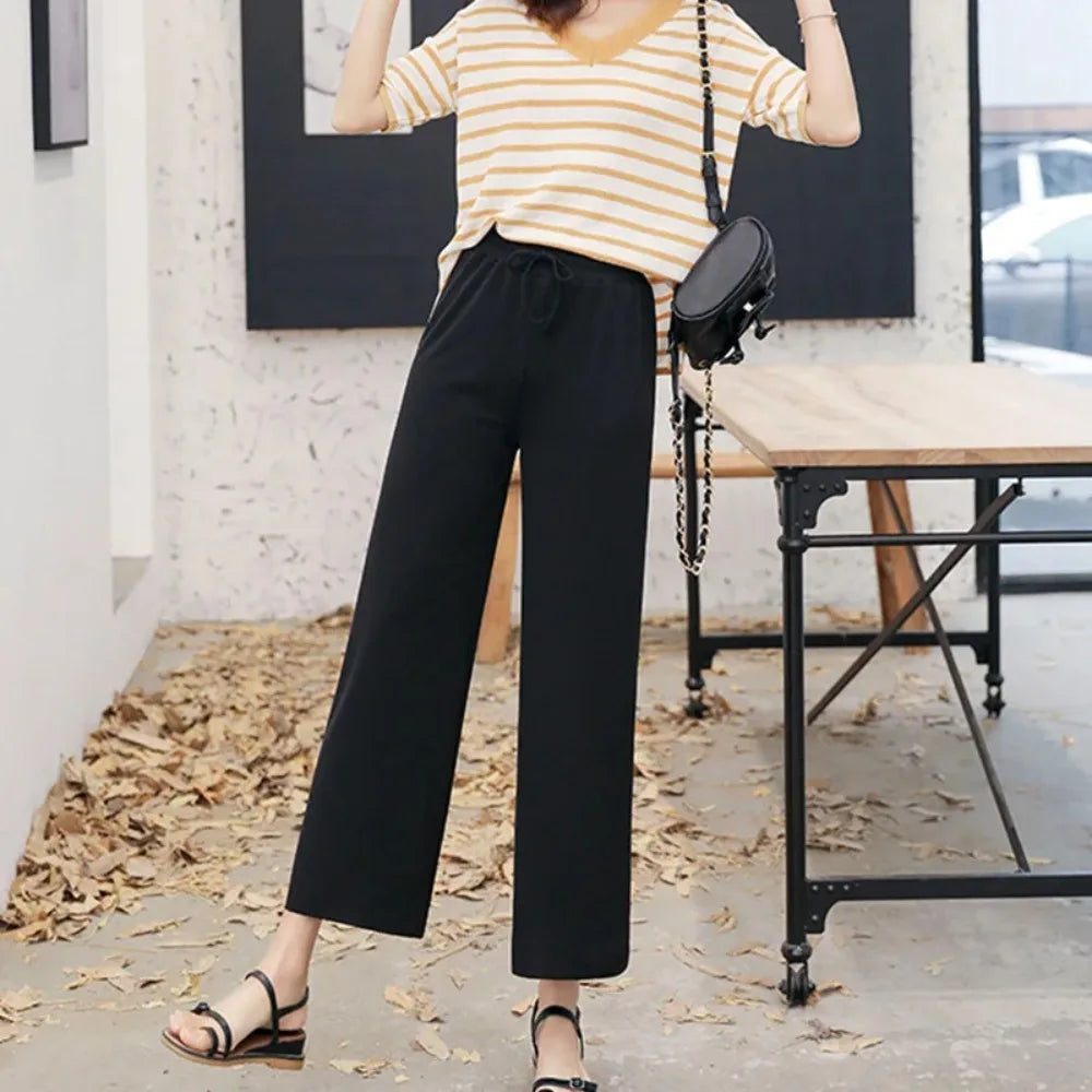 2026 Women Ankle-Length Wide Leg Pants Casual Summer Solid Elastic Waist Loose Ice Silk Pants Spring Summer Female Trousers - Matrix-studios.com