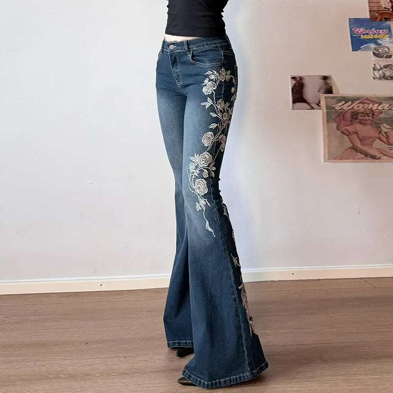 Women Retro Y2k Jeans Baggy Floral Embroidery Jeans Vintage 2000s Low Rise Flared Denim Pants High Street Basic Trousers - Matrix-studios.com