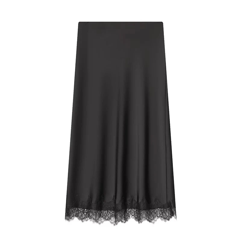 Women's Skirts Fashion Lace Decoration Satin Midi Skirt Vintage Women High Waist Long Skirts - Matrix-studios.com