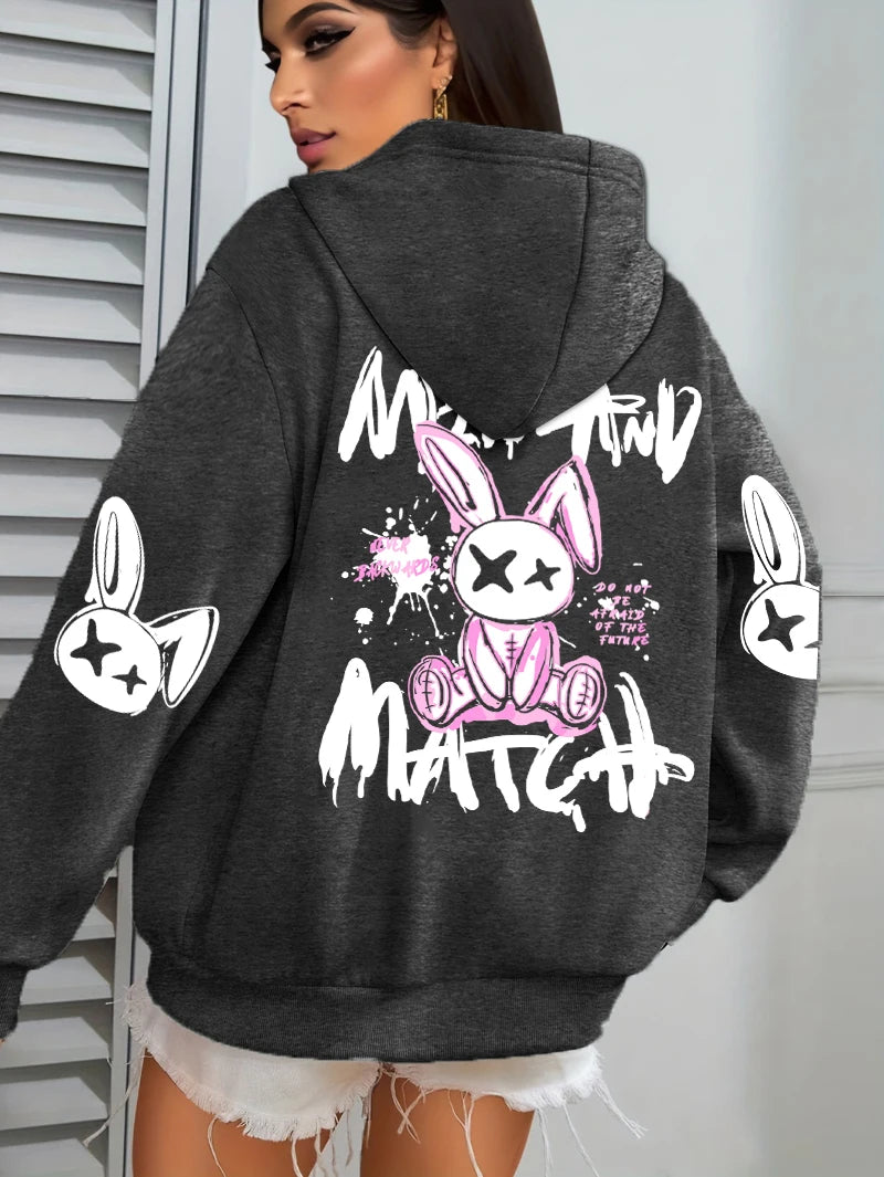 Mix And Match Cartoon Rabbit Prints Women Hoodie Pocket Streetwear Harajuku Loose Hoody All-Match Fleece Female Clothing - Matrix Studios