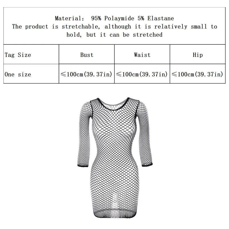 1PC Women Sexy Fishnet Beach Cover Up Long Sleeves Hollow Out Bodycon Dress See Through Summer Swimwear - Matrix Studios