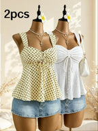 Women Sweetheart Neck Drawstring Ruched Peplum Cami Top Polka Dot Print Sleeveless Casual Camisole Outfit - Matrix-studios.com