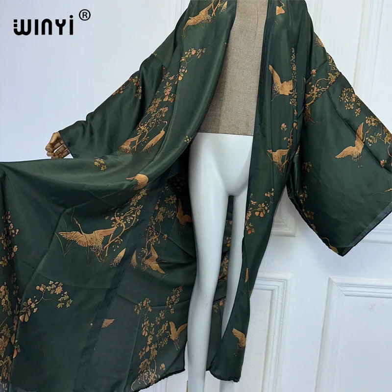 WINYI Beach Cover Up Print Kimono Maxi Dress Beach Wear Boho Cardigan Abaya Dubai Luxury Women Muslim Dress Africa Long Coat - Matrix Studios