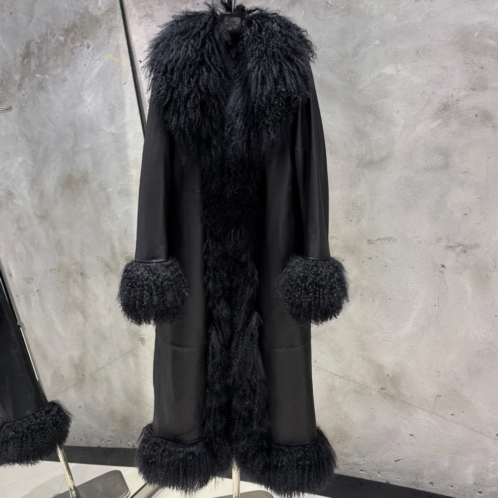 Suede Coat Fur Collar Women Autumn Genuine Sheepskin Coat Long with Mongfolian Fur Trim - Matrix Studios