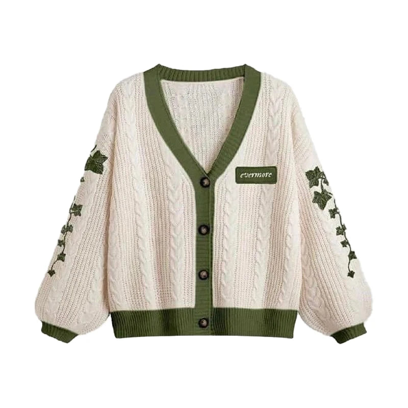 Evermore Cardigan Taylor Version Green Vine Embroidered Button Down Cable Knit Sweater Women Fall Winter Vintage Outfit - Matrix Studios