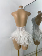 High Quality Women Sexy Halter Beading Feather Tight Bodysuit Nightclub Performance Leotard Luxury Party Celebrate Stage Wear - Matrix Studios