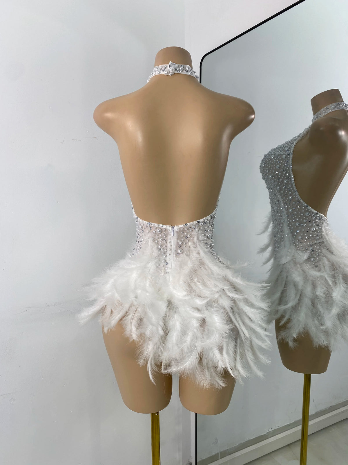 High Quality Women Sexy Halter Beading Feather Tight Bodysuit Nightclub Performance Leotard Luxury Party Celebrate Stage Wear - Matrix Studios
