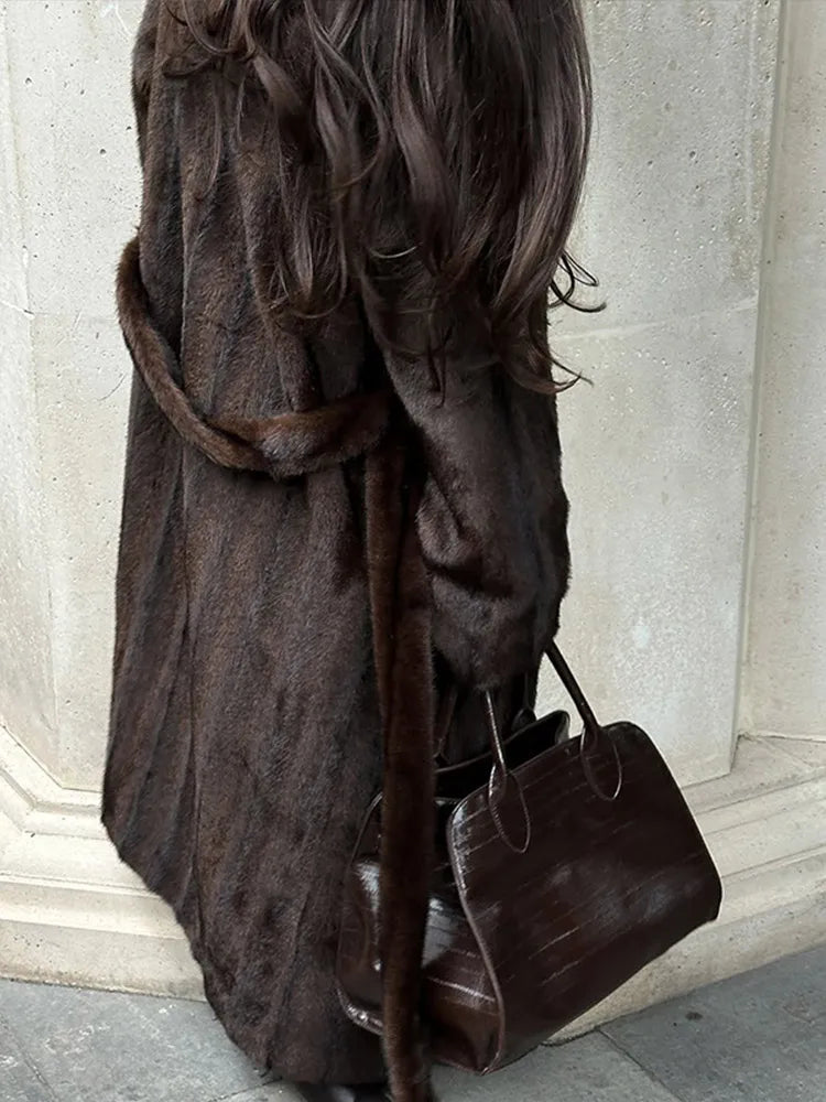 Brown Long Faux Fur Coat Women Fashion Full Sleeve Fluffy Loose Lace Up Overcoat 2025 Winter Lady Daily High Street Outwear - Matrix Studios