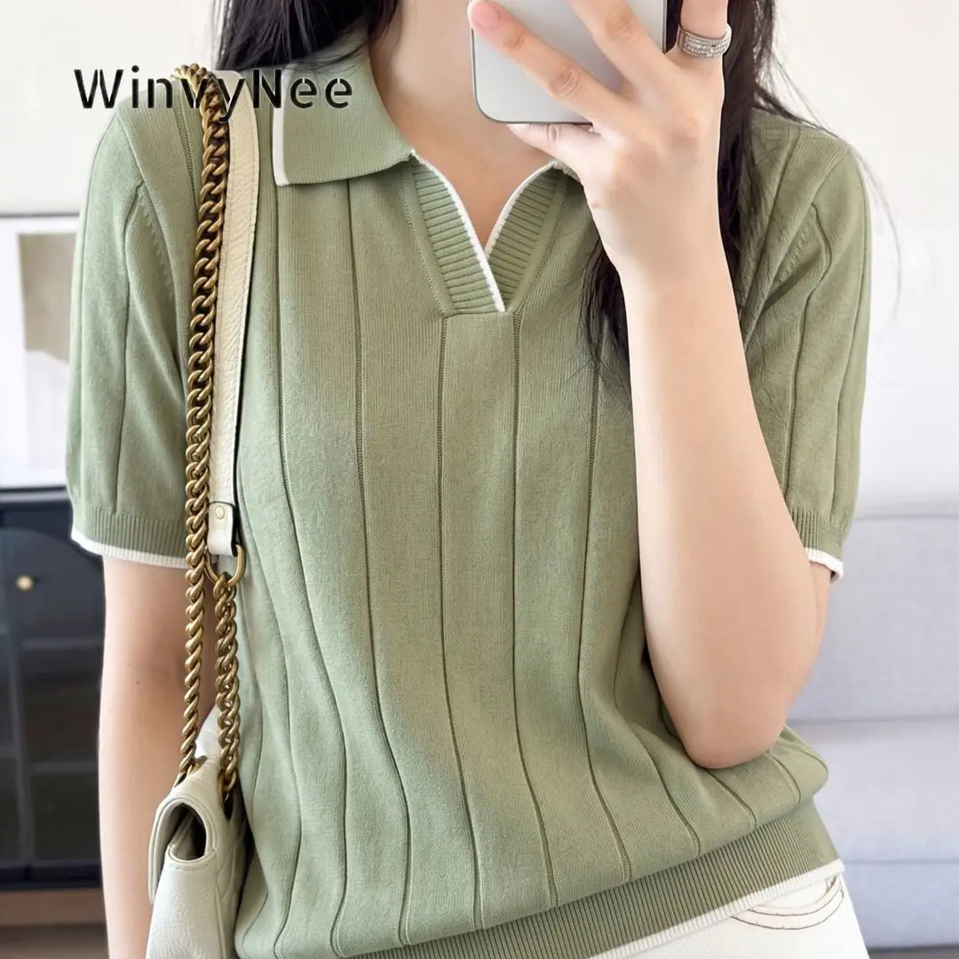 WinvyNee Summer Women's Cotton Polo Collar Short Sleeve T-Shirt Casual Cotton Tops Women Clothing Knitted Pullover A1092079A - Matrix-studios.com