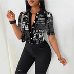 Women's Elegant Blouses Summer Fashion Newspaper Pattern Print Single Breasted Short Sleeve Women Shirt V-neck Casual Tops Shirt - Matrix-studios.com